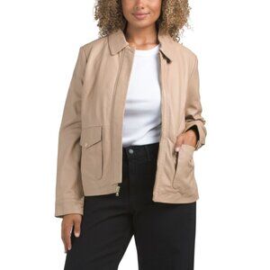 COLE HAAN Sesame Leather Collared Jacket